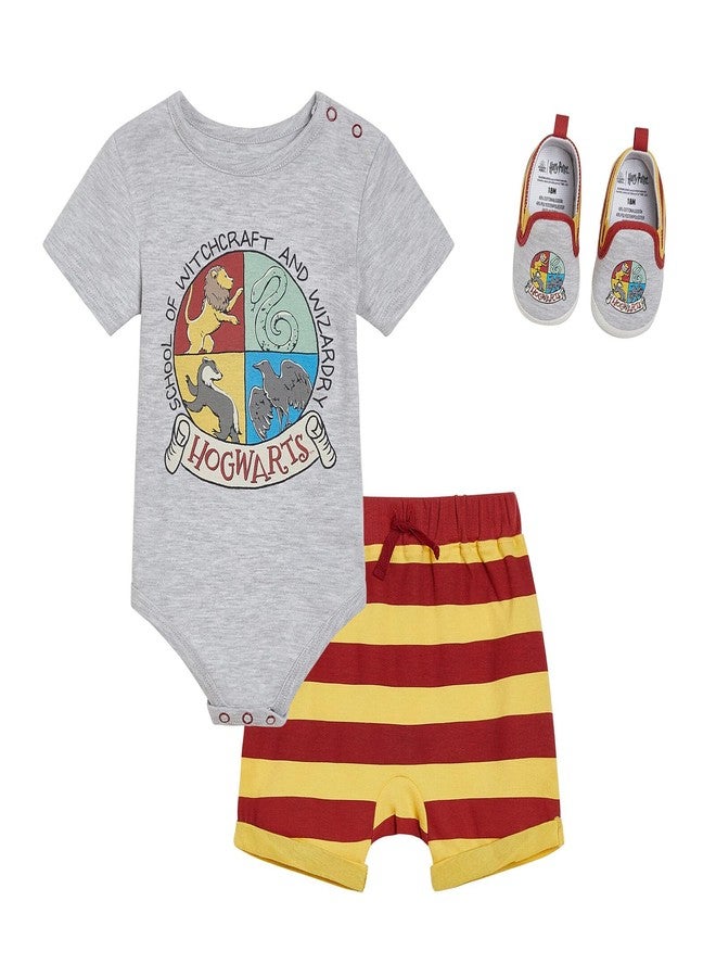 Harry Potter Infant Baby Boys Bodysuit, Shorts and Shoes 3 Piece Outfit Set Logo Gray/Maroon 12 Months - Image 1