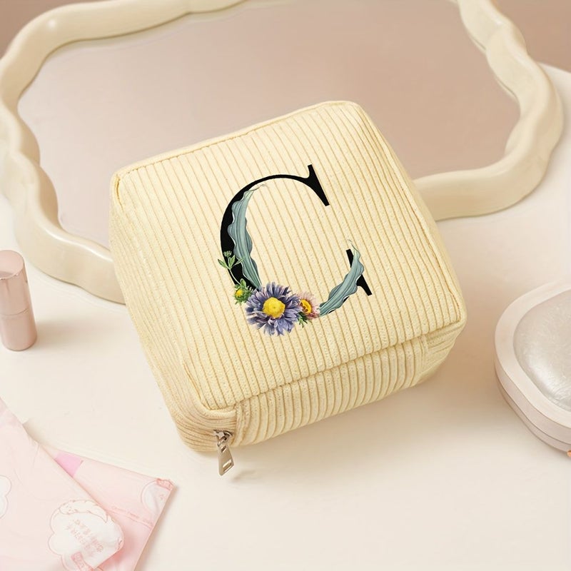 1pc Yellow Corduroy Letter Print Women Toiletry Bag Portable Travel Makeup Compact Organizer For Business Trips And Cosmetic Storage - Image 5