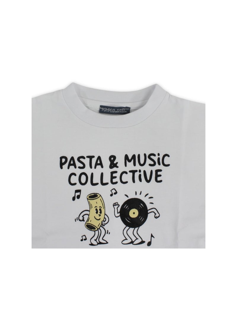 Pompelo Boys Cotton T-Shirt – White with "Pasta & Music Collective" Print - Image 3