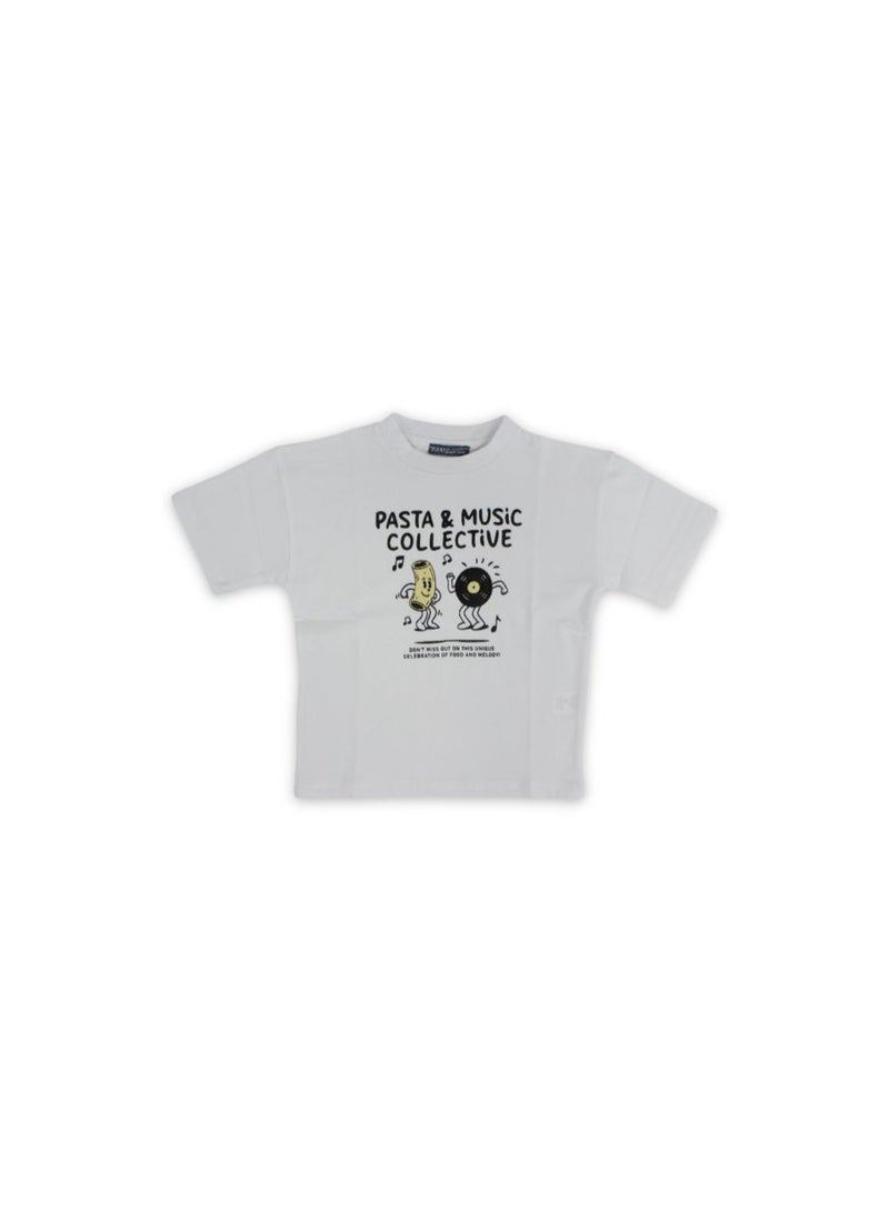 Pompelo Boys Cotton T-Shirt – White with "Pasta & Music Collective" Print - Image 1