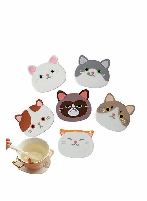 Drying Mat Silicone Multi-Use Cartoon Cat Pot Holders Trivet (Set of 6 Pack) Insulated Flexible Durable Non Slip Hot Pads and Coasters Cup Mats Rubber Coaster for Winss, Tea