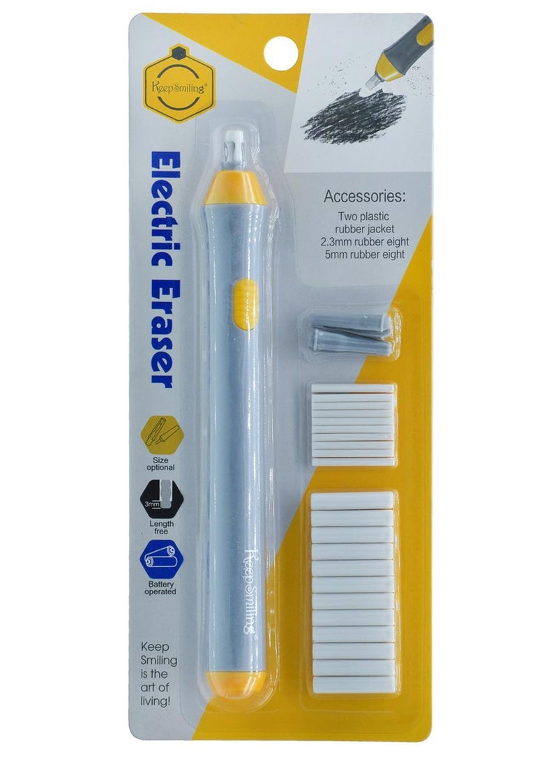 Keep Smiling Electric Eraser Kit with 2 Eraser Sizes (2.3mm & 5mm) and Refills – Battery Operated Precision Eraser for Artists, Sketching, and Drafting (Grey/Yellow) - Image 1