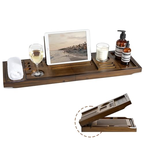 Realgulf Teak Bathtub Tray | Adjustable Width Tray with Wine Holder, Tablet/Phone & Book Stand, Splash-Proof for Bath Time- Walnut - Image 1