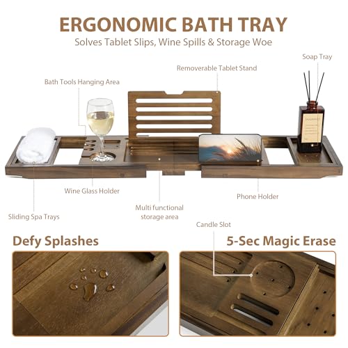Realgulf Teak Bathtub Tray | Adjustable Width Tray with Wine Holder, Tablet/Phone & Book Stand, Splash-Proof for Bath Time- Walnut - Image 2