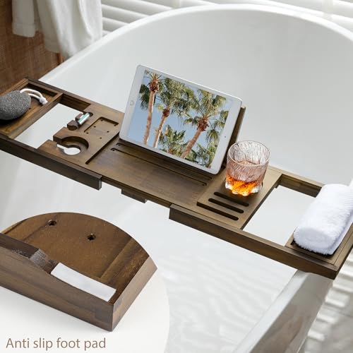 Realgulf Teak Bathtub Tray | Adjustable Width Tray with Wine Holder, Tablet/Phone & Book Stand, Splash-Proof for Bath Time- Walnut - Image 4