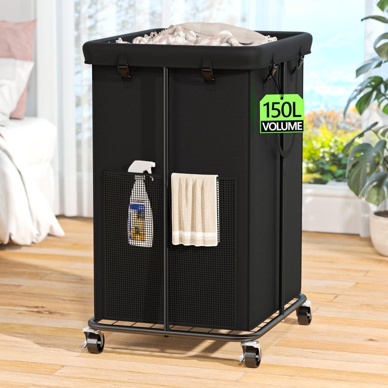 150L Laundry Hamper with Wheels Rolling Laundry Basket with Metal Frame and Removable Bag Large  Tall Dirty Clothes Hampers for Bedroom Aesthetic Laundry Room Bathroom DormBlack