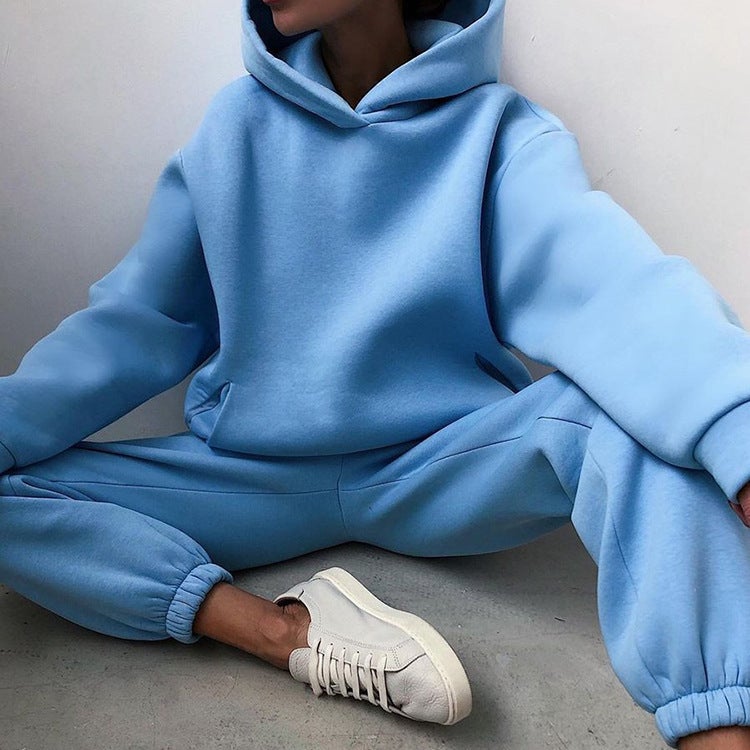 Autumn Winter Casual Fashion Thickened Sweater Pants Set Blue 
