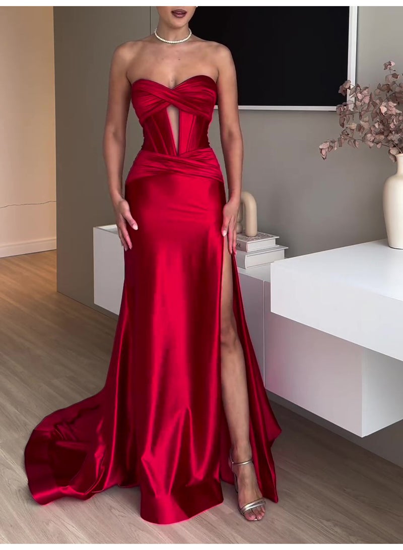 SCACTO Tube Top Slit Red Extra Long Evening Dress 