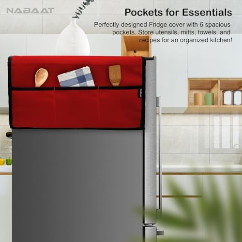 NABAAT Premium Fridge Cover for Single Door Refrigerator Kitchen Decor Durable Dustproof Waterproof Modern Design with 6 Side Pockets for Kitchen Accessories - 130 x 54cm (Red) - Image 5