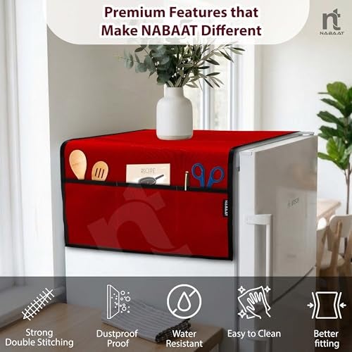 NABAAT Premium Fridge Cover for Single Door Refrigerator Kitchen Decor Durable Dustproof Waterproof Modern Design with 6 Side Pockets for Kitchen Accessories - 130 x 54cm (Red) - Image 4