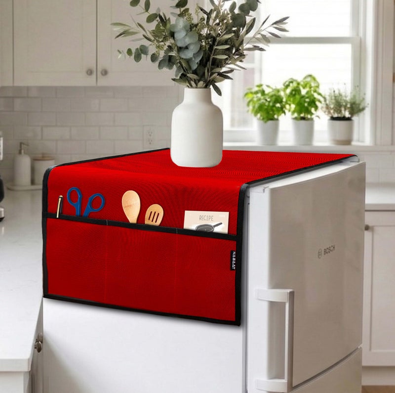 NABAAT Premium Fridge Cover for Single Door Refrigerator Kitchen Decor Durable Dustproof Waterproof Modern Design with 6 Side Pockets for Kitchen Accessories - 130 x 54cm (Red) - Image 1
