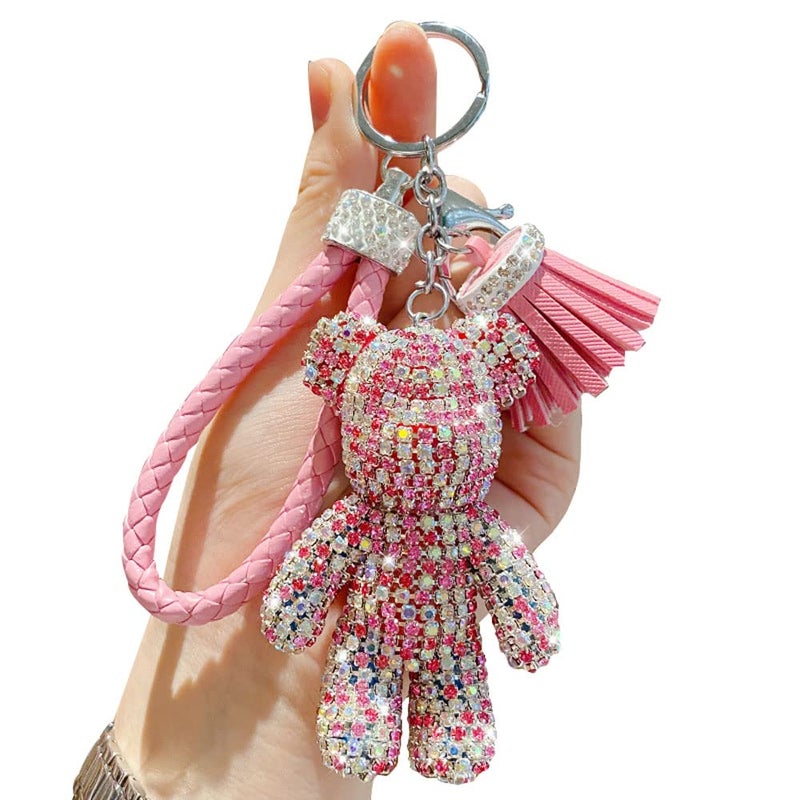 BONICI Girls Fashionable Diamond Bear Pendant Keychain Bling Sparkle Luxury Bear Key-Chains Keyring Gift Pendant For Handbag Tote Purse Backpack Bag Decoration Car Key Tassel Wrist Strap -Pink - Image 1