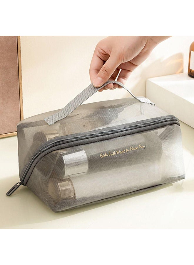 O Ozone Portable Mesh Cosmetic Bag Transparent Simple Toiletry Bag for Makeup Storage And Travel Organizer Makeup Bag Storage Pouch with Handle- Grey  - Image 4