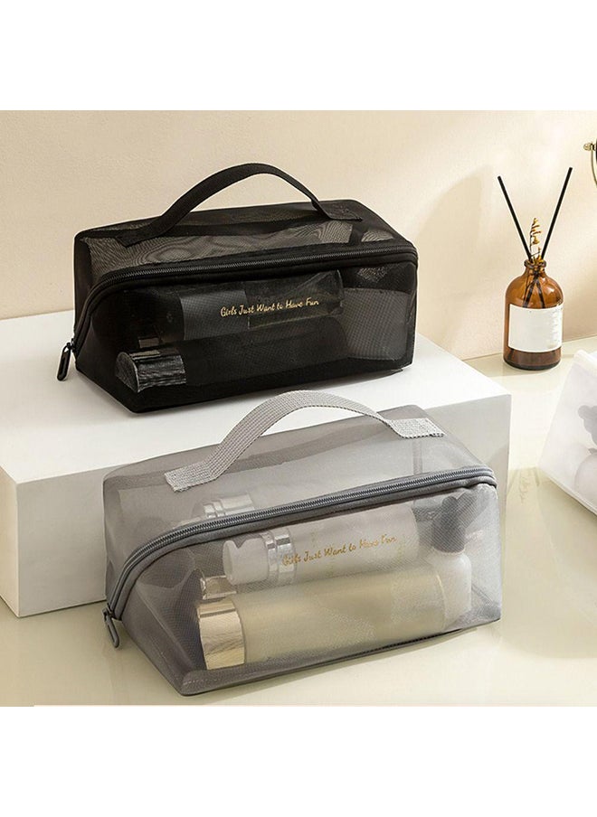 O Ozone Portable Mesh Cosmetic Bag Transparent Simple Toiletry Bag for Makeup Storage And Travel Organizer Makeup Bag Storage Pouch with Handle- Grey  - Image 2