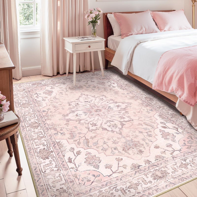 RELEANY سجاد RELEANY بمقاس 5'x7' قابل للغسل وغير قابل للانزلاق، نمط طباعة زهور عتيق مزخرف بسجادة ميدالية لغرفة المعيشة وغرفة النوم وغرفة الطعام، وردي رمادي وردي لطيف - Image 2