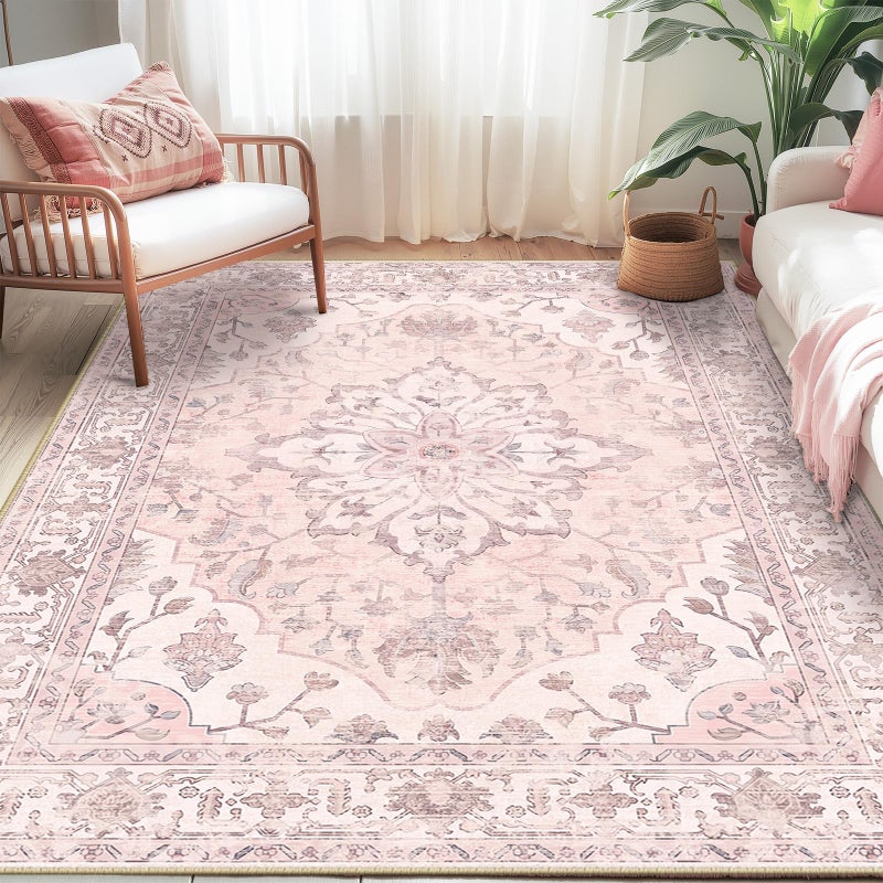 RELEANY سجاد RELEANY بمقاس 5'x7' قابل للغسل وغير قابل للانزلاق، نمط طباعة زهور عتيق مزخرف بسجادة ميدالية لغرفة المعيشة وغرفة النوم وغرفة الطعام، وردي رمادي وردي لطيف - Image 3