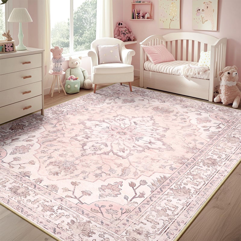 RELEANY سجاد RELEANY بمقاس 5'x7' قابل للغسل وغير قابل للانزلاق، نمط طباعة زهور عتيق مزخرف بسجادة ميدالية لغرفة المعيشة وغرفة النوم وغرفة الطعام، وردي رمادي وردي لطيف - Image 1
