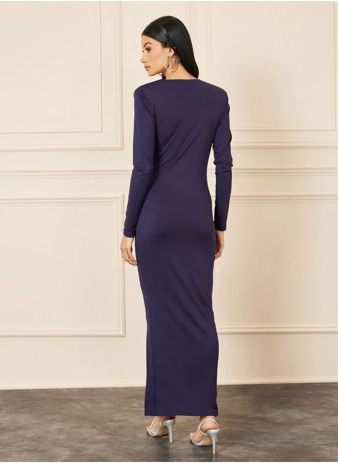 Styli Ruched Button Detail Bodycon Maxi Dress