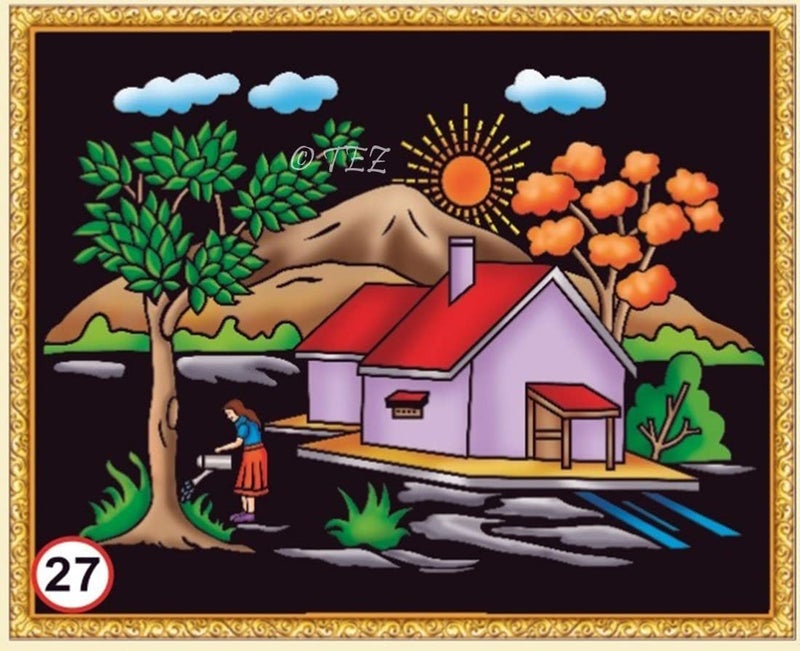 Tez DIY - Emboss Painting Kit, Village House, Medium(13x19 inch), Design No. 27 - Image 1