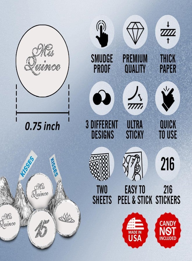 RokAPary Mis Quince Birthday Silver Kisses Stickers, (Set of 216), Quinceanera Chocolate Drops Labels, 15 Party Decoration Favors Decor for Kisses. Made in USA. - Image 2