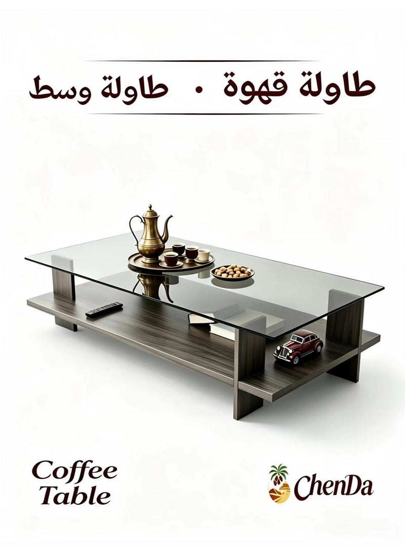 ChenDa `Double‑layer Tempered Glass Coffee Table, Central Storage Table for Living Room, Suitable for Living Room and Office, Grey Oak Color, 100×50×41cm`  > - Image 1
