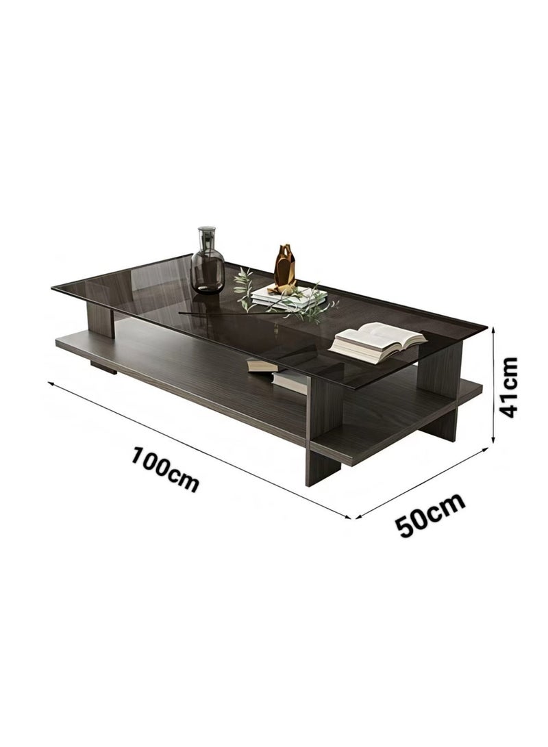 ChenDa `Double‑layer Tempered Glass Coffee Table, Central Storage Table for Living Room, Suitable for Living Room and Office, Grey Oak Color, 100×50×41cm`  > - Image 2