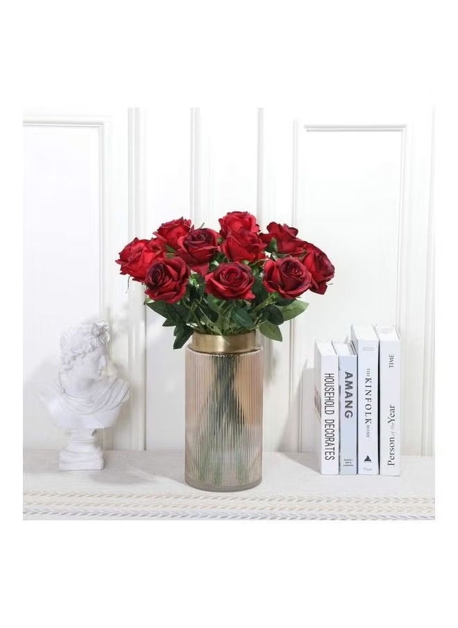Arabest - 12-Piece Artificial Roses Silk Bridal Wedding Bouquet Realistic Flower Red/Green - Image 1