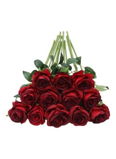 12-Piece Artificial Roses Silk Bridal Wedding Bouquet Realistic Flower Red/Green