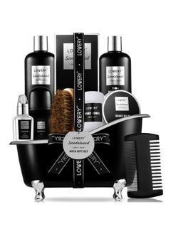 Beard Kit and Body Care Gifts for Men, Sandalwood Spa Gift Baskets, Mens Bath and Beard Grooming Kitf or Him, Unique Birthday Gifts for Him with Beard Balm, Growth Oil, Deodorant and More