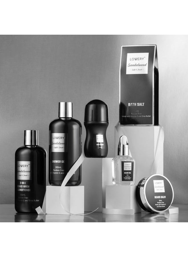 LOVERY - Beard Kit and Body Care Gifts for Men, Sandalwood Spa Gift Baskets, Mens Bath and Beard Grooming Kitf or Him, Unique Birthday Gifts for Him with Beard Balm, Growth Oil, Deodorant and More - Image 1