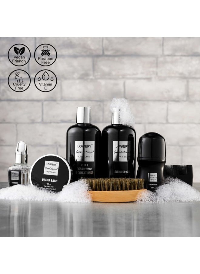 LOVERY - Beard Kit and Body Care Gifts for Men, Sandalwood Spa Gift Baskets, Mens Bath and Beard Grooming Kitf or Him, Unique Birthday Gifts for Him with Beard Balm, Growth Oil, Deodorant and More - Image 1