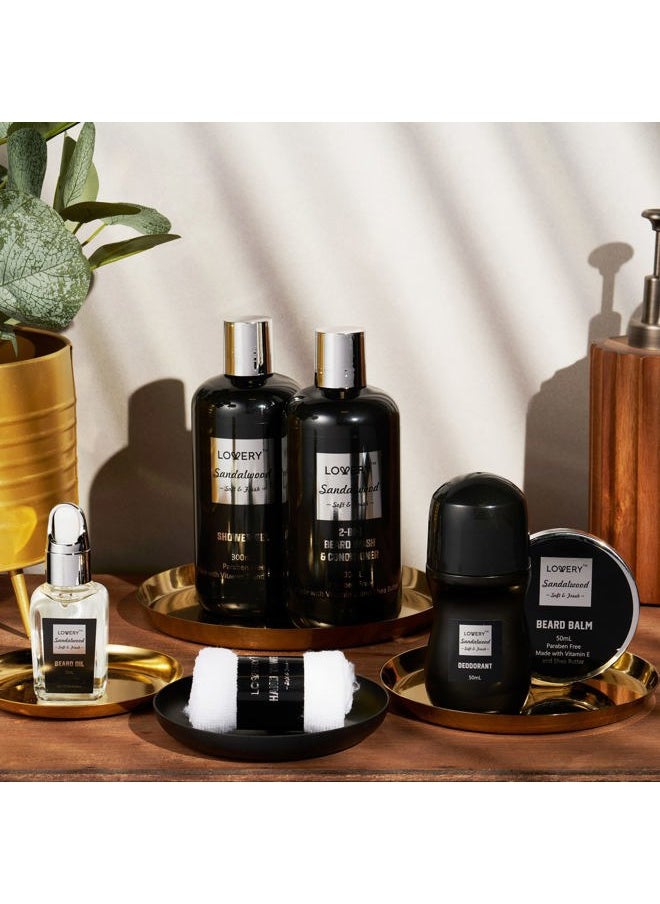 LOVERY - Beard Kit and Body Care Gifts for Men, Sandalwood Spa Gift Baskets, Mens Bath and Beard Grooming Kitf or Him, Unique Birthday Gifts for Him with Beard Balm, Growth Oil, Deodorant and More - Image 1
