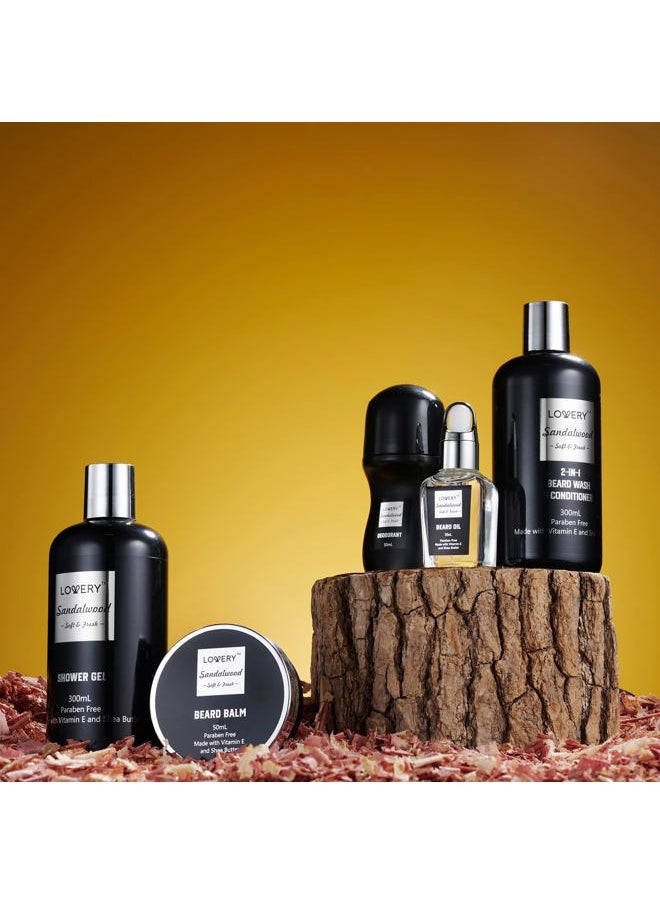 LOVERY - Beard Kit and Body Care Gifts for Men, Sandalwood Spa Gift Baskets, Mens Bath and Beard Grooming Kitf or Him, Unique Birthday Gifts for Him with Beard Balm, Growth Oil, Deodorant and More - Image 1