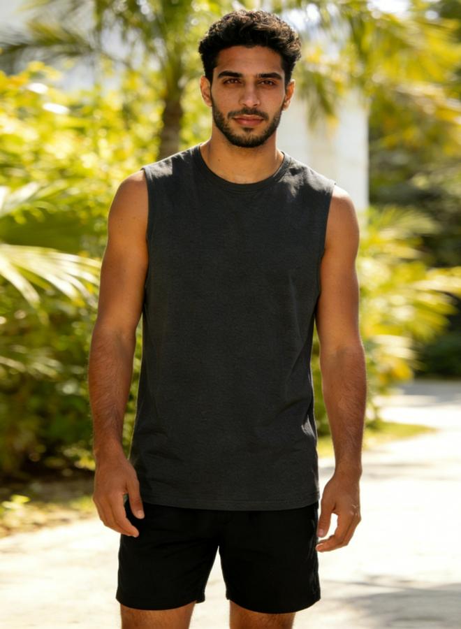 Take Two Men Charcoal Solid Round Neck Tank and Shorts Co-Ords - Image 1