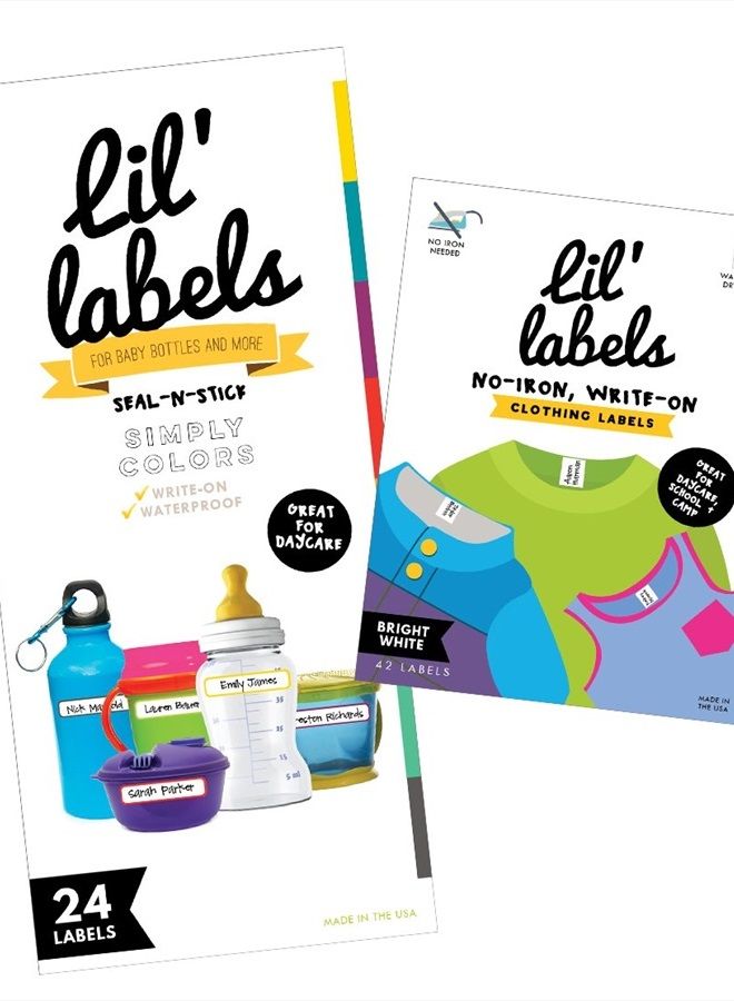 Lil' Labels Daycare Labels Value Pack - Bottle Labels (Simply Colors) and Clothing Labels (Bright White), Waterproof Labels  - Image 1