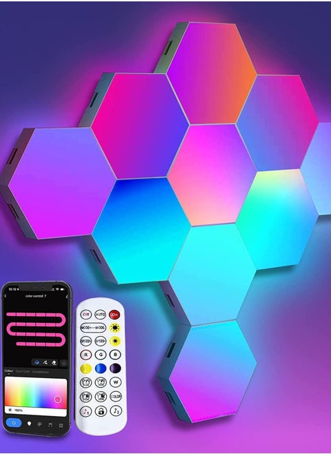 10 Pieces LED Wall Hexagon Lights Remote Control Hex Smart Modular Light Panels Touch Sensitive Modular RGB Colorful Light with USB Power Decoration for Gaming Bedroom Living Room