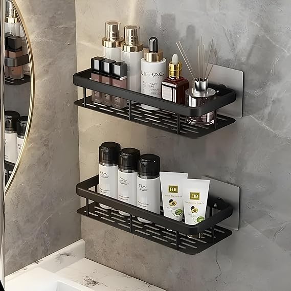 VAKTAVYA Wall Mounted Shower Caddy Shelf Space Saving High Load Bearing Aluminum Shower Storage Rack with Traceless Stickers For Bathroom & Kitchen Organized Storage (Black) - Image 1