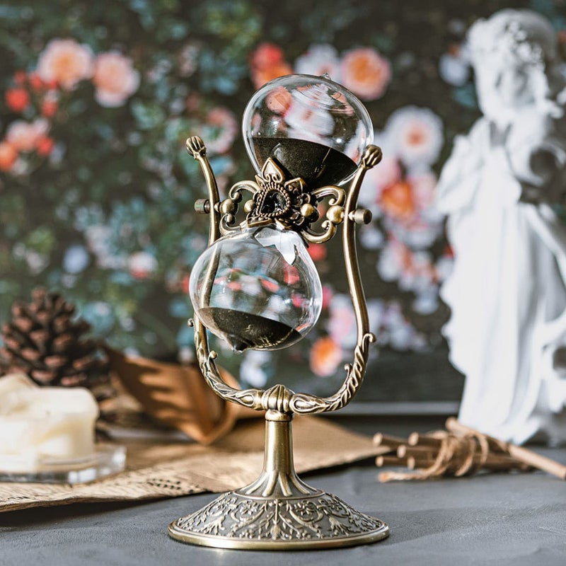 Samlong Large Hourglass Timer 60 Minute Sand Clock, Rotating Embossed Sand Timer Vintage Home DÃ©cor, Bronze Metal Hour Glass with Black Sand - Image 2