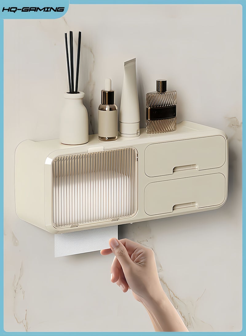 HQ-GAMING Toilet Paper Holder with Shelf Toilet Tissue Box Wipes Dispenser for Bathroom Toilet Paper Holder with Storage Upgrade Drawer Design Toilet Tissue Holder Adhesive Small Bathroom Shelf Wall Mount - Image 1