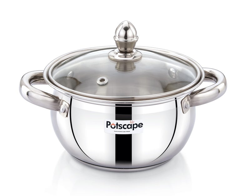 Potscape Globe Stockpot 3 Ply Stock Pot with Lid | 3 Ply Stainless Steel Lid | Suitable for All Types of Cooking Including Induction | Cook and Serve Pot (18 CM) - Image 1
