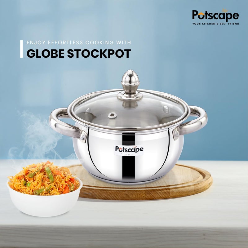 Potscape Globe Stockpot 3 Ply Stock Pot with Lid | 3 Ply Stainless Steel Lid | Suitable for All Types of Cooking Including Induction | Cook and Serve Pot (18 CM) - Image 5