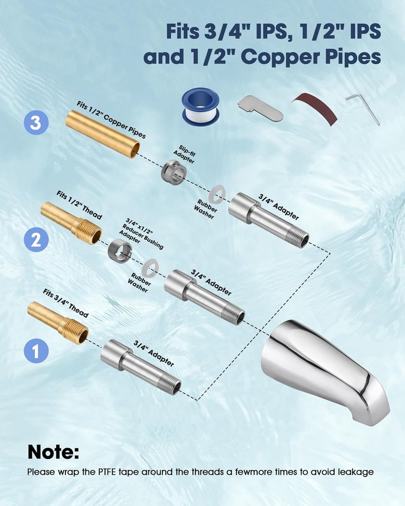 OrgCreator Bathtub Spout Without Diverter, 5.3", All Metal 304 Stainless Steel, Fits 1/2" Copper Slip-On and 1/2" or 3/4" IPS Threaded Pipes, Leak-Free Design, Easy Installation, Universal Fit, Chrome - Image 2