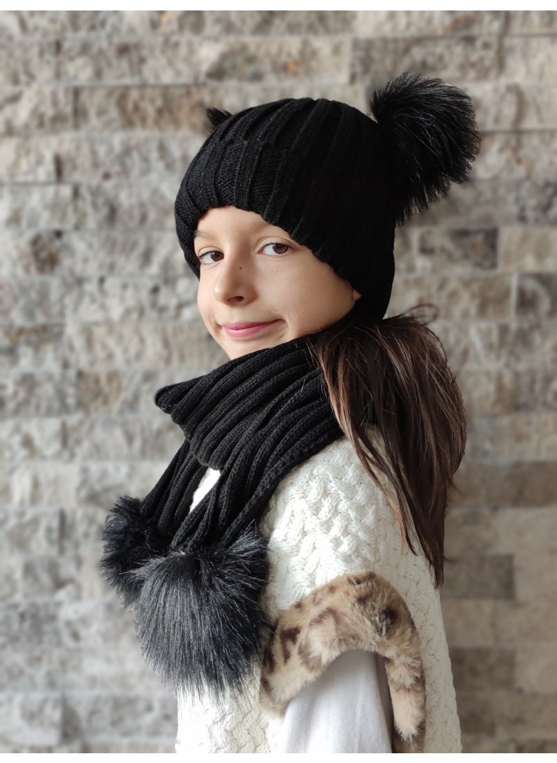 4 Pom-Pom Children's Beret and Scarf Set - Black - pzsku/Z47E2B2647C58E80328ADZ/45/_/1730722602/2d17e09a-9e08-4475-ae7f-feac54a68b7f