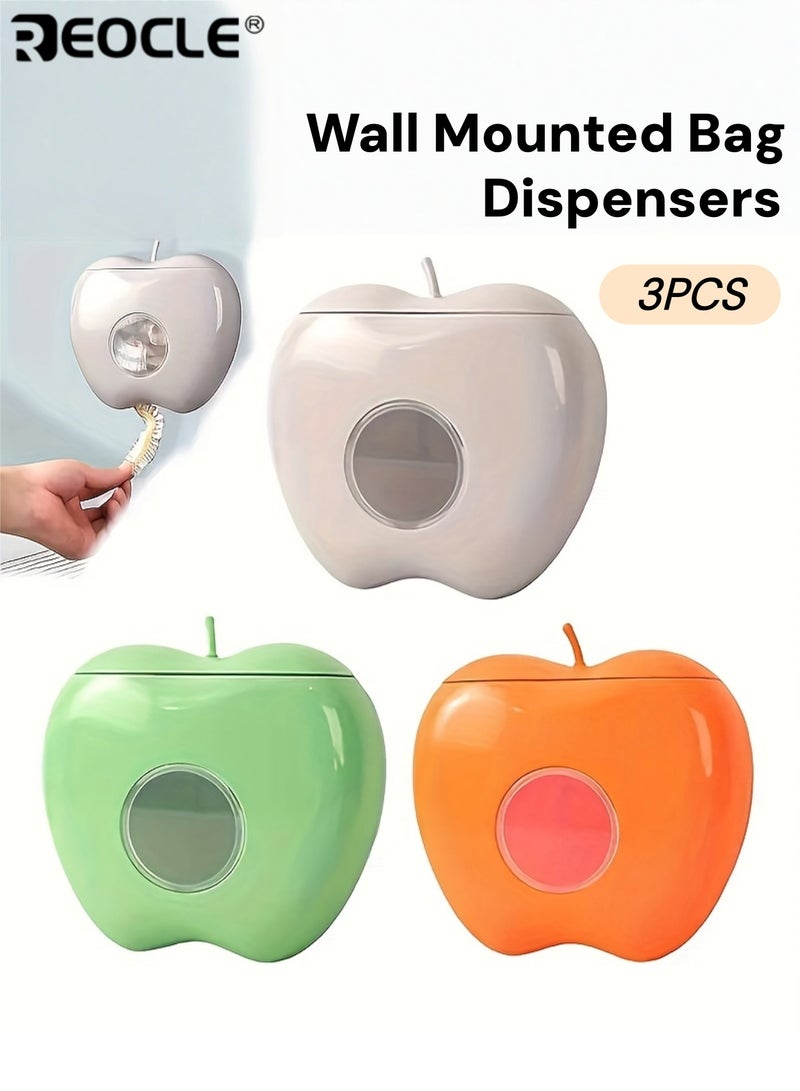 REOCLE 3PCS Wall Mounted Bag Dispensers with Apple Shape Design and Elastic Storage Space Saving Organizers with Durable Construction for Kitchen Bathroom Use - Image 1