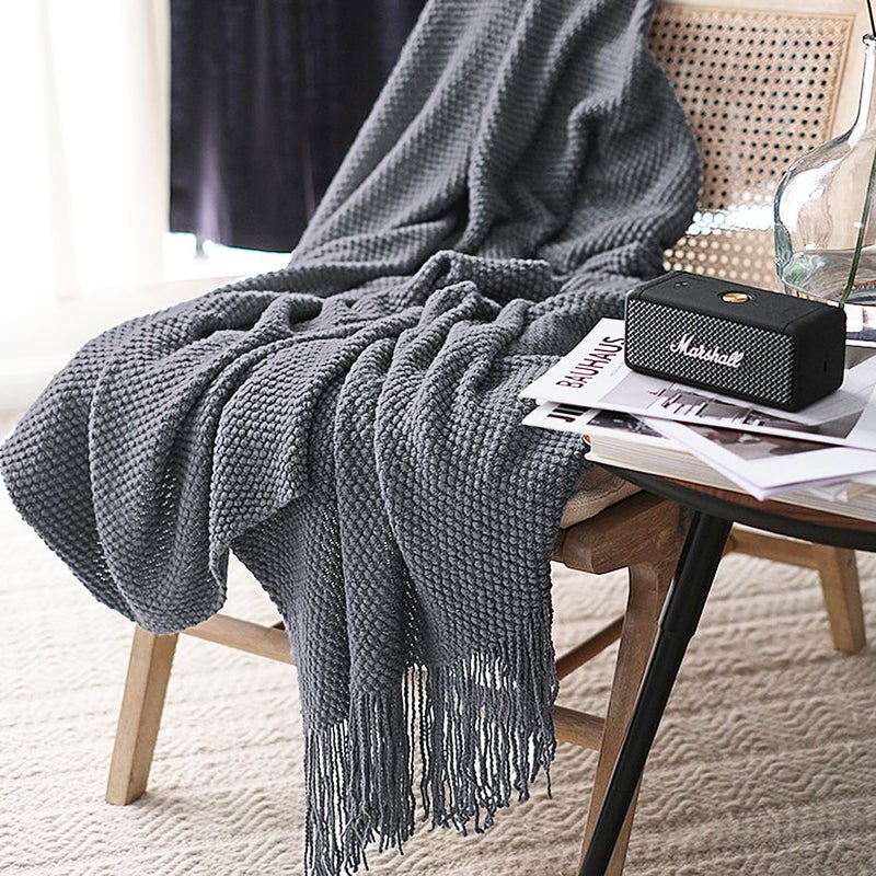 LOMAO Knitted Throw Blanket with Tassels Bubble Textured Soft Lightweight Throws for Couch Cover Home Decor Dark Grey 50x60