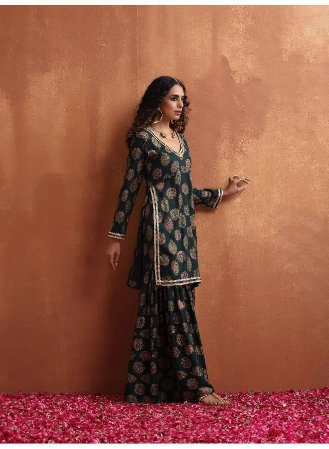 trueBrowns Green Foil Print Sharara Set