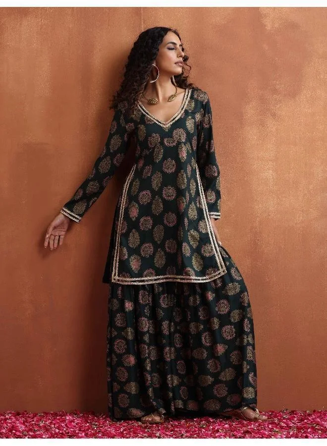 trueBrowns Green Foil Print Sharara Set