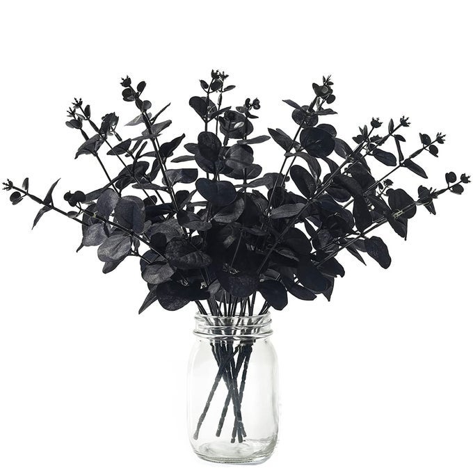 ARTIFICIAL EUCALYPTUS STEMS BLACK LEAVES BRANCHES HALLOWEEN BLACK FLOWERS DECORATION GOTHIC BATHROOM TABLE HOME FARMHOUSE AESTHETIC DECOR 14 6 PCS