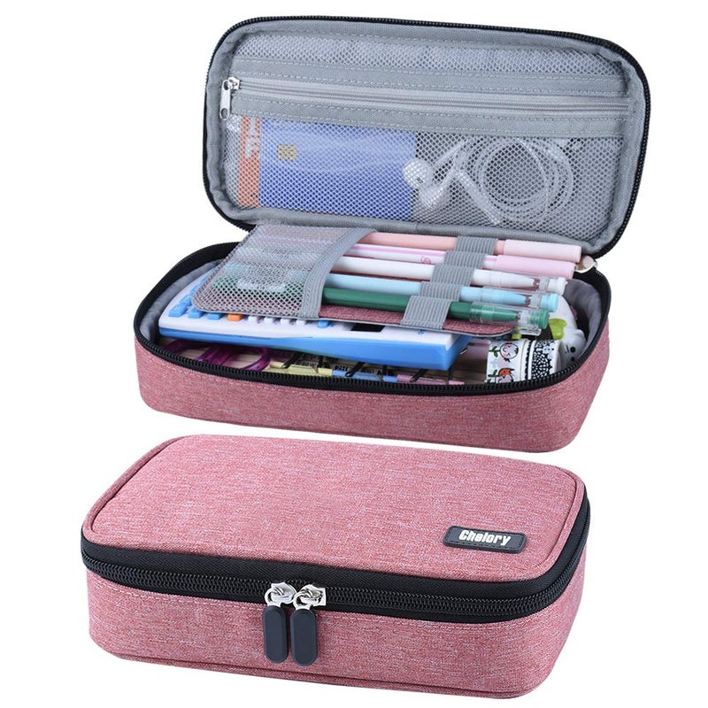 Chelory Large Pencil Case Big Capacity Pencil Bag Pouch High Storage Pen Pencil Marker Cases Holder Multi Functional Portable Office Stationery Organizer Adult Men Women Light Pink