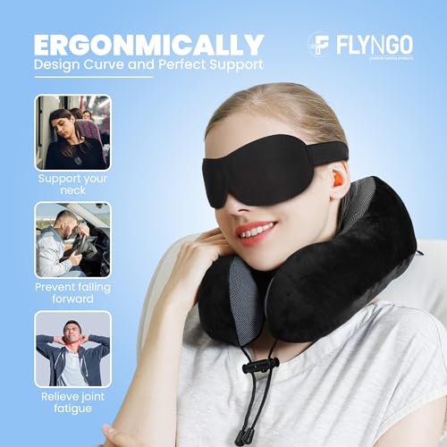FLYNGO Memory Foam Neck Pillow for Travel Neck Support Pillow with Rest Eye Mask, Noise Isolating Ear Plugs Portable Combo (Black, pack of 1) - Image 5